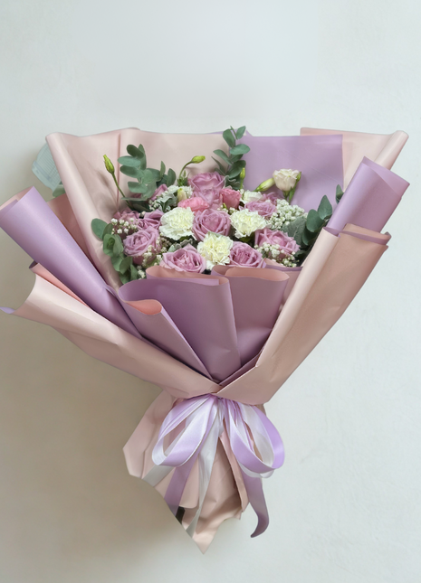 Elegant purple roses and white carnations bouquet with eucalyptus in dusty rose lavender wrapping - luxury flower delivery Bangkok | DP FLOWERS BANGKOK