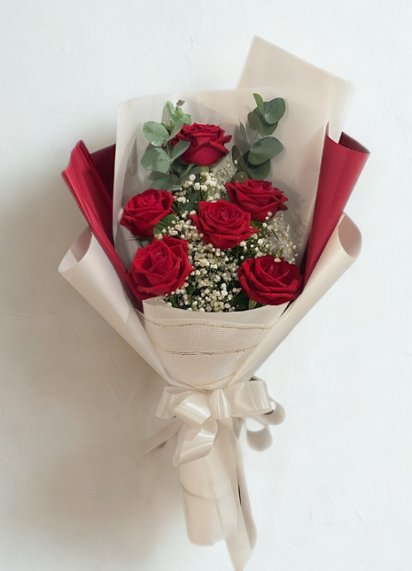 Classic 6 deep red roses bouquet with baby's breath and eucalyptus in cream burgundy wrapping - romantic flower delivery Bangkok | DP FLOWERS BANGKOK