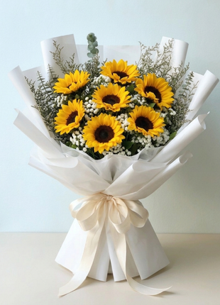 Fresh sunflower bouquet with baby's breath and eucalyptus in white wrapping - cheerful flower delivery Bangkok Grand Size | DP FLOWERS BANGKOK