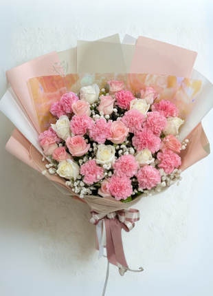 Sweet pink carnations and white roses bouquet with heart pick wrapped in iridescent paper with pink ribbon - adorable flower delivery Bangkok | DP FLOWERS BANGKOK