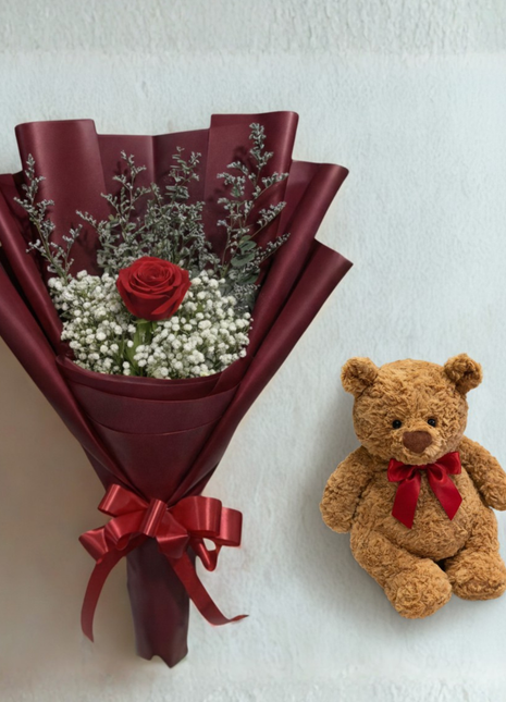 Valentine's Day gift set with single red rose bouquet in burgundy wrapping and cute teddy bear with red bow - romantic delivery Bangkok | DP FLOWERS BANGKOK