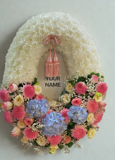 Elegant funeral wreath with white chrysanthemums, pink roses and blue hydrangeas - memorial flower delivery Bangkok | DP FLOWERS BANGKOK