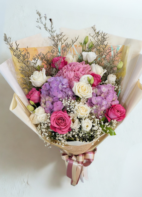 Luxury mixed bouquet with purple hydrangeas, pink roses and white flowers with baby's breath - premium flower delivery Bangkok | DP FLOWERS BANGKOK