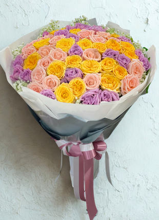 Luxury bouquet with golden yellow, peach and purple roses wrapped in white paper - premium flower delivery Bangkok | DP FLOWERS BANGKOK