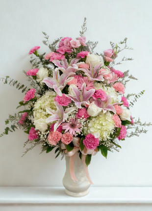 Grand elegant flower arrangement with pink lilies, white roses, hydrangeas and carnations in white ceramic vase with pink ribbon - luxury flower delivery Bangkok | DP FLOWERS BANGKOK