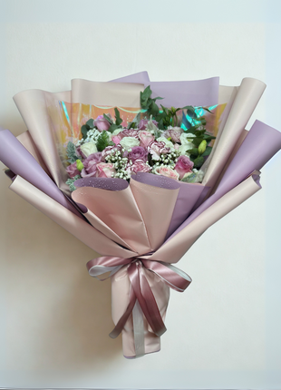 Luxury purple and white roses bouquet with holographic accents in lavender champagne wrapping - unique flower delivery Bangkok | DP FLOWERS BANGKOK