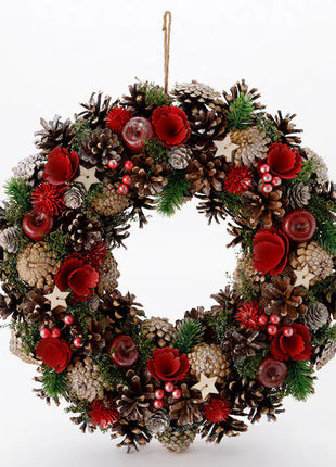 Luxurious large handcrafted Christmas wreath with abundant pine cones, red dried flowers, burgundy accents, evergreen sprigs and wooden stars with jute rope - grand holiday decoration Bangkok | DP FLOWERS BANGKOK