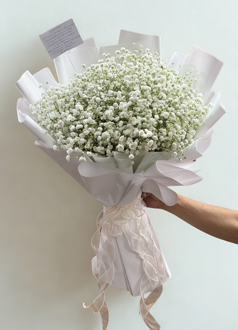 Large full white baby's breath gypsophila cloud bouquet wrapped in pearl white paper with ivory organza ribbon - flower delivery Bangkok | DP FLOWERS BANGKOK