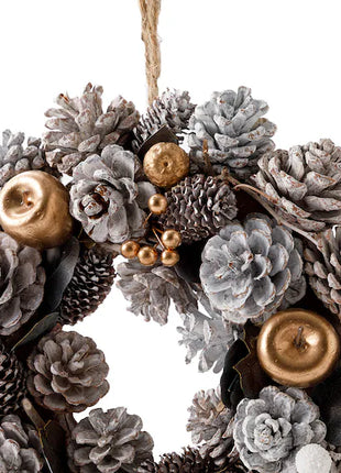 Elegant frosted white and silver pine cone wreath with natural wood slices and gold berry accents on dark twig base with jute rope - sophisticated Christmas decoration Bangkok | DP FLOWERS BANGKOK