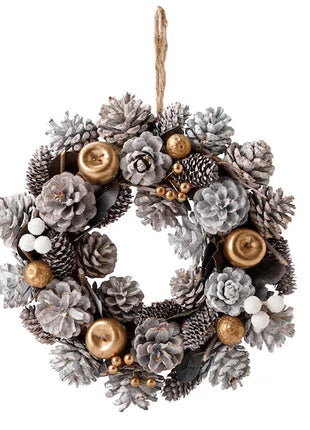 Elegant frosted white and silver pine cone wreath with natural wood slices and gold berry accents on dark twig base with jute rope - sophisticated Christmas decoration Bangkok | DP FLOWERS BANGKOK
