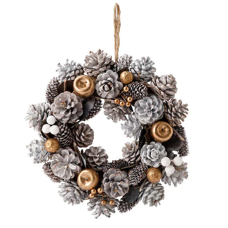 Elegant frosted white and silver pine cone wreath with natural wood slices and gold berry accents on dark twig base with jute rope - sophisticated Christmas decoration Bangkok | DP FLOWERS BANGKOK