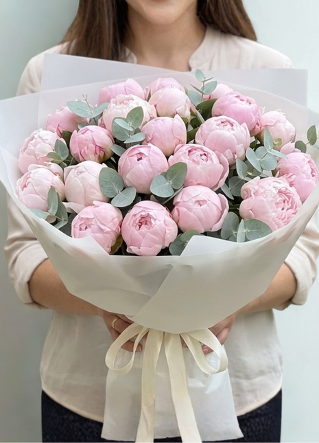 uxury grand pink peony bouquet with eucalyptus foliage, 15+ fresh blush peonies wrapped in white paper with ivory ribbon - premium seasonal flower delivery Bangkok | DP FLOWERS BANGKOK