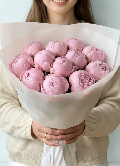 Grand luxury pink peony bouquet with 12+ fresh blush peonies wrapped in elegant white paper - premium seasonal flower delivery Bangkok | DP FLOWERS BANGKOK
