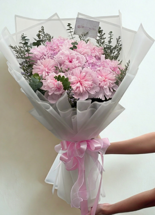 Luxury soft pink peonies and hydrangeas bouquet with eucalyptus wrapped in premium white paper with pink satin ribbon - flower delivery Bangkok | DP FLOWERS BANGKOK