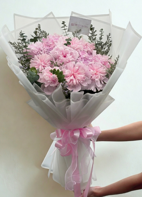Luxury soft pink peonies and hydrangeas bouquet with eucalyptus wrapped in premium white paper with pink satin ribbon - flower delivery Bangkok | DP FLOWERS BANGKOK