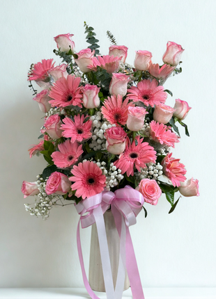 Elegant pink roses and gerberas vase arrangement with baby's breath and eucalyptus - flower delivery Bangkok | DP FLOWERS BANGKOK