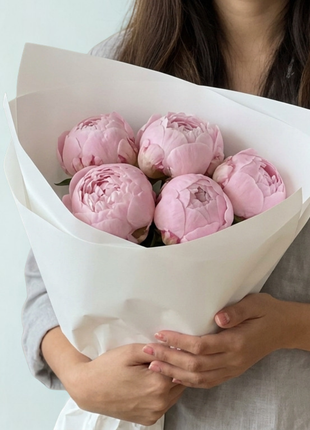 Elegant pink peony bouquet with fresh blush peonies wrapped in white paper - luxury seasonal flower delivery Bangkok | DP FLOWERS BANGKOK