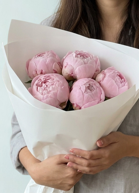 Elegant pink peony bouquet with fresh blush peonies wrapped in white paper - luxury seasonal flower delivery Bangkok | DP FLOWERS BANGKOK