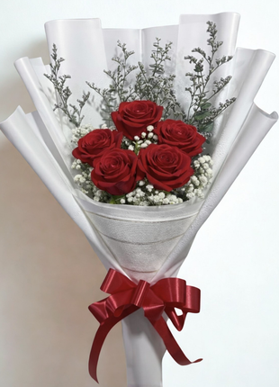 Five premium red roses bouquet with baby's breath and eucalyptus in white wrapping with silver band and red ribbon - Valentine's Day delivery Bangkok | DP FLOWERS BANGKOK