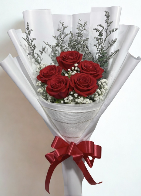 Five premium red roses bouquet with baby's breath and eucalyptus in white wrapping with silver band and red ribbon - Valentine's Day delivery Bangkok | DP FLOWERS BANGKOK