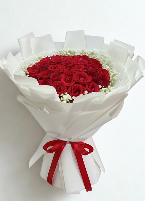 Spectacular bouquet of 30 premium red roses with baby's breath in white wrapping with red ribbon - grand Valentine's Day delivery Bangkok | DP FLOWERS BANGKOK