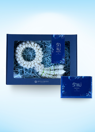 Handcrafted white clay jasmine and rose garland in luxury navy gift box - exclusive Mother's Day collection | DP FLOWERS BANGKOK