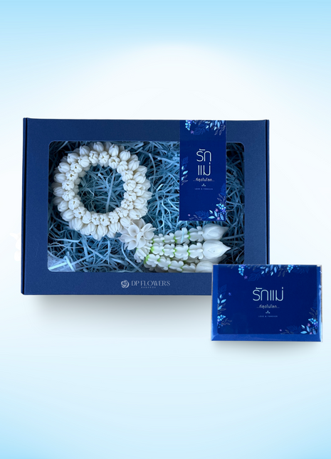 Handcrafted white clay jasmine and rose garland in luxury navy gift box - exclusive Mother's Day collection | DP FLOWERS BANGKOK