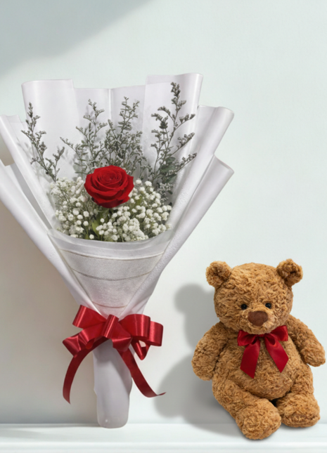 Single premium red rose bouquet with baby's breath and silver leaves, paired with a cute brown teddy bear - DP FLOWERS BANGKOK