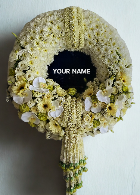 Luxury memorial wreath with white orchids, roses, golden chrysanthemums and traditional Thai jasmine garlands with floral tassels - premium funeral flowers Bangkok | DP FLOWERS BANGKOK