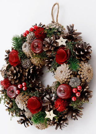 Handcrafted rustic Christmas wreath with natural pine cones, red apples, berries, evergreen sprigs and wooden stars with jute hanging rope - holiday decoration Bangkok | DP FLOWERS BANGKOK
