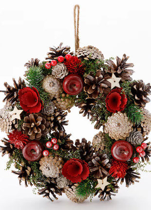 Handcrafted rustic Christmas wreath with natural pine cones, red apples, berries, evergreen sprigs and wooden stars with jute hanging rope - holiday decoration Bangkok | DP FLOWERS BANGKOK