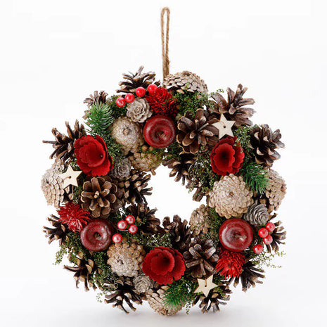 Handcrafted rustic Christmas wreath with natural pine cones, red apples, berries, evergreen sprigs and wooden stars with jute hanging rope - holiday decoration Bangkok | DP FLOWERS BANGKOK