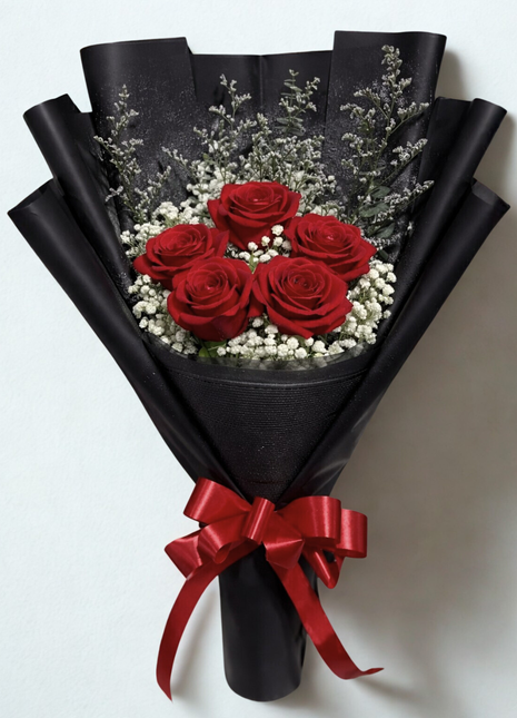 Five premium red roses bouquet with baby's breath and eucalyptus in black wrapping with silver band and red ribbon - Valentine's Day delivery Bangkok | DP FLOWERS BANGKOK