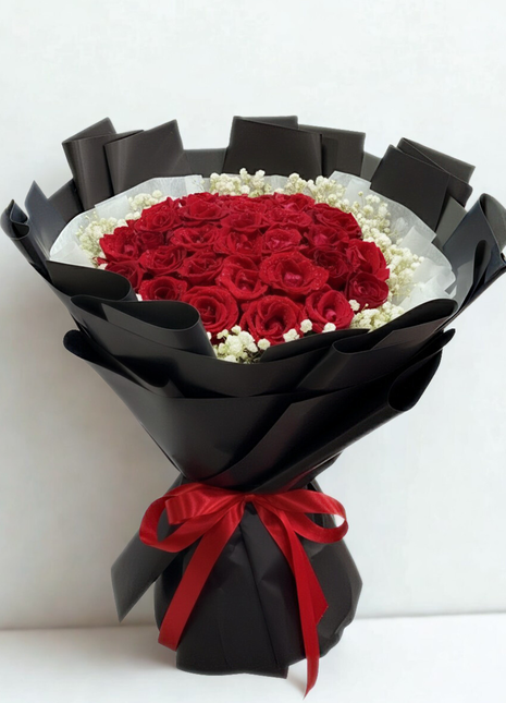 Spectacular bouquet of 30 premium red roses with baby's breath in luxury black wrapping with red ribbon - grand Valentine's Day delivery Bangkok | DP FLOWERS BANGKOK