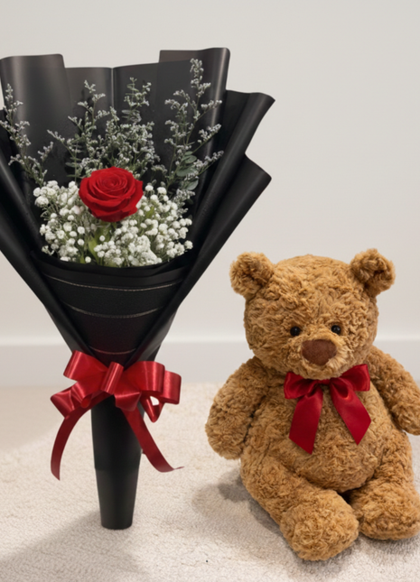 Single red rose bouquet with baby's breath in white and black wrapping with red ribbon - Valentine's Day flower delivery Bangkok | DP FLOWERS BANGKOK