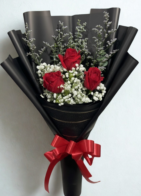 Three premium red roses bouquet with baby's breath and eucalyptus in luxury black wrapping and red ribbon - Valentine's Day delivery Bangkok | DP FLOWERS BANGKOK