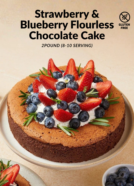 Gluten-free flourless chocolate cake topped with fresh strawberries, blueberries and rosemary - available in 1-2 pounds - healthy berry cake Bangkok | DP FLOWERS BANGKOK