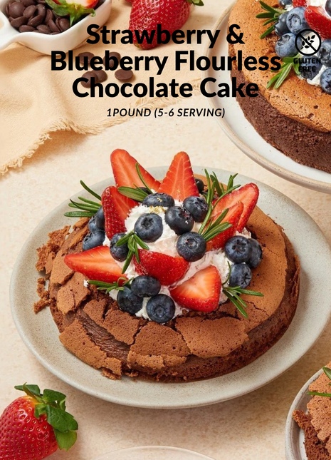 Gluten-free flourless chocolate cake topped with fresh strawberries, blueberries and rosemary - available in 1-2 pounds - healthy berry cake Bangkok | DP FLOWERS BANGKOK