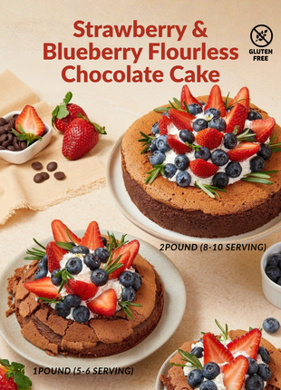 Gluten-free flourless chocolate cake topped with fresh strawberries, blueberries and rosemary - available in 1-2 pounds - healthy berry cake Bangkok | DP FLOWERS BANGKOK