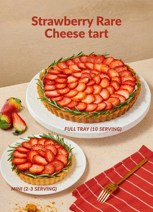 Elegant Japanese-style rare cheese tart topped with fresh strawberry slices and rosemary - available in mini and full tray - no-bake cheesecake Bangkok | DP FLOWERS BANGKOK