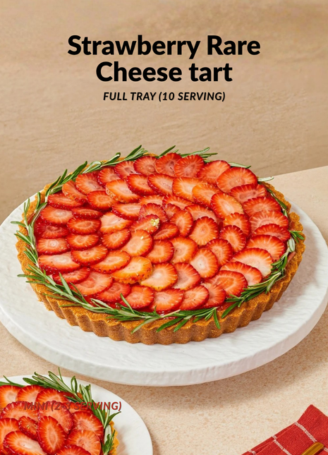 Elegant Japanese-style rare cheese tart topped with fresh strawberry slices and rosemary - available in mini and full tray - no-bake cheesecake Bangkok | DP FLOWERS BANGKOK