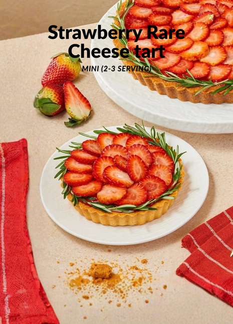 Elegant Japanese-style rare cheese tart topped with fresh strawberry slices and rosemary - available in mini and full tray - no-bake cheesecake Bangkok | DP FLOWERS BANGKOK