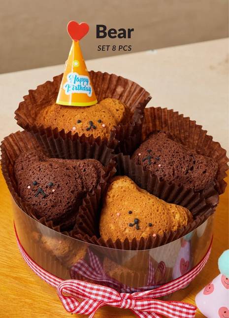 Adorable teddy bear-shaped cupcakes set of 8 in chocolate and vanilla with party hat decoration in gift box with gingham ribbon - cute add-on gift Bangkok | DP FLOWERS BANGKOK