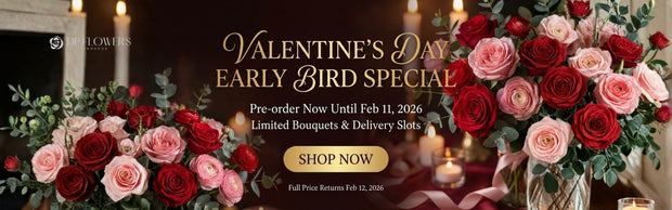 Romantic Valentine’s Day rose arrangements with candles and warm lighting for early bird flower pre-order | DP FLOWERS BANGKOK