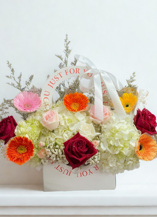 Luxury mixed flower arrangement with orange gerberas, burgundy roses and white hydrangeas in elegant gift box - flower delivery Bangkok | DP FLOWERS BANGKOK
